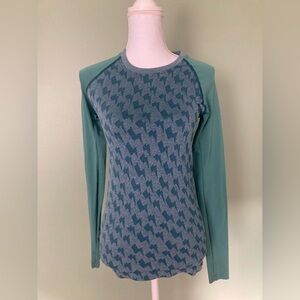 Oiselle Size Small Long Sleeve Shirt Top Thumb Holes Blue Lightning Bolt Raglan